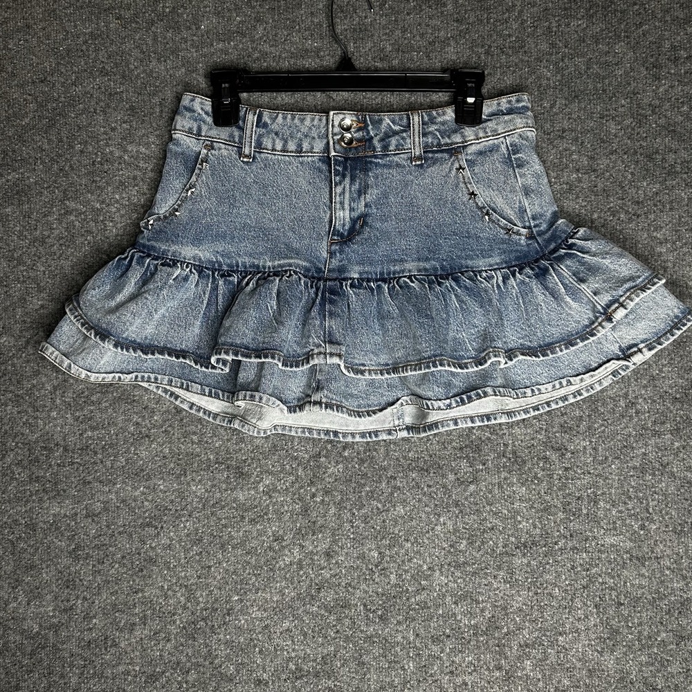 Social Collision Ruffle Denim‎ Skirt Y2k Size Medium Low Rise Star Stud